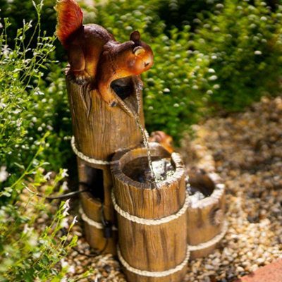 Primrose Solar Water Feature Helpful Squirrels Cascading Tiered With Battery Backup and Lights 59cm