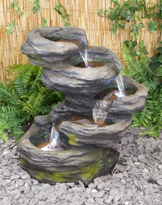 Primrose Stone Effect 5-Tier Cascading Garden Patio Outdoor Water Feature with LED Lights H56cm