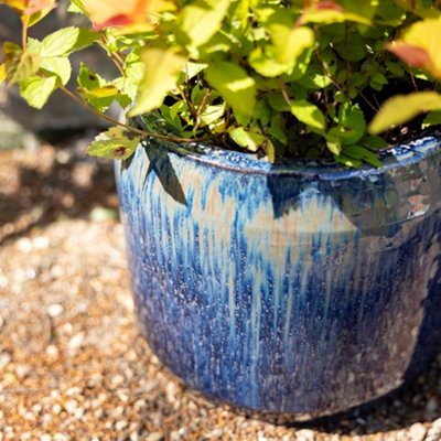 Primrose Stoneware Round High Gloss Garden Planter In Blue Mix 27cm