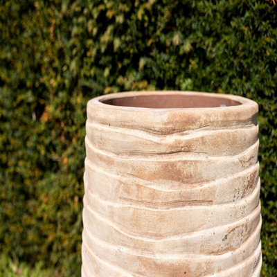 Primrose Tall Round Ribbed Terracotta Planter In Antique Cream 59cm - 3