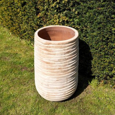 Primrose Tall Round Ribbed Terracotta Planter In Antique Cream 59cm - 4