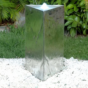 Primrose Triangular Stainless Steel Outdoor Water Feature Silver Mirrored Pillar Fountain Water Feature with LED Lights 53cm