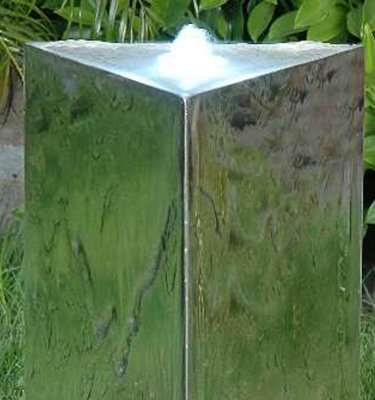 Primrose Triangular Stainless Steel Outdoor Water Feature Silver Mirrored Pillar Fountain Water Feature with LED Lights 53cm