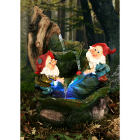 Primrose Two Gnomes on Leaves Water Feature with LED Lights for Indoor & Outdoor Use H36cm