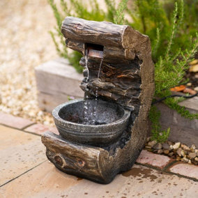 Primrose Wood Effect Pouring Bowl Cascading Garden Water Fountain with LED Light