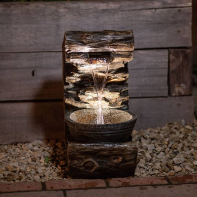 Primrose Wood Effect Pouring Bowl Cascading Garden Water Fountain with LED Light