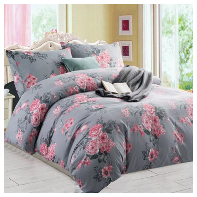Printed Duvet Cover Set With Matching Pillow case Bedding Bed Sets Grey Bouquet Reversible Quilt Covers Single Double King