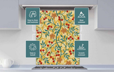 Printed Glass Kitchen Splashback - Vintage floral pattern. 1200x750mm