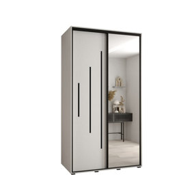 Pristine White Mirrored Cannes XIII Sliding Wardrobe H2050mm W1400mm D600mm with Custom Black Steel Handles and Decorative Strips