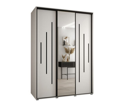 Pristine White Mirrored Cannes XIII Sliding Wardrobe H2050mm W1700mm D600mm with Custom Black Steel Handles and Decorative Strips