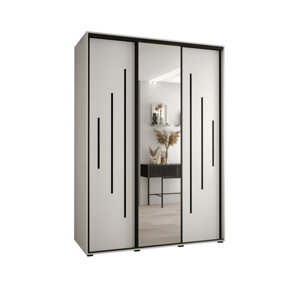 Pristine White Mirrored Cannes XIII Sliding Wardrobe H2050mm W1700mm D600mm with Custom Black Steel Handles and Decorative Strips