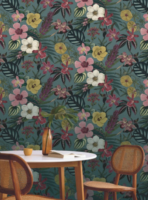 Priya Floral Petrol Blue Wallpaper