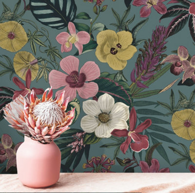 Priya Floral Petrol Blue Wallpaper