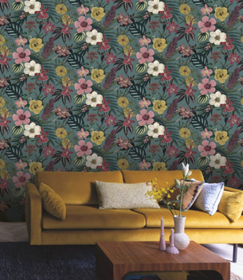 Priya Floral Petrol Blue Wallpaper