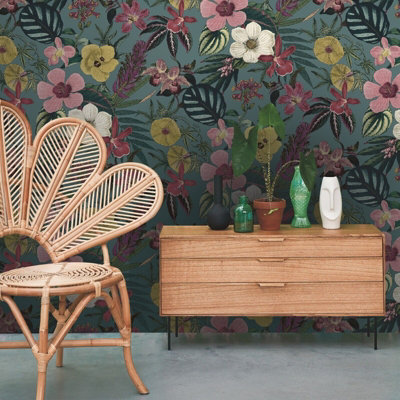 Priya Floral Petrol Blue Wallpaper