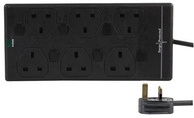 PRO ELEC - 1m 6 Way Individually Switched Surge Protected Extension Lead, Black