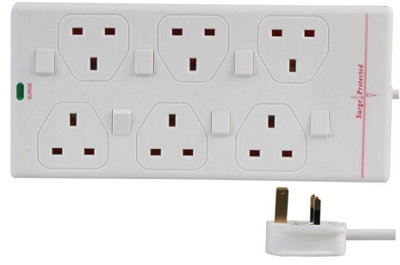 PRO ELEC - 1m 6 Way Individually Switched Surge Protected Extension Lead, White