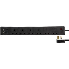 PRO ELEC - 6 Way 2 USB Extension Lead, 1m, Black