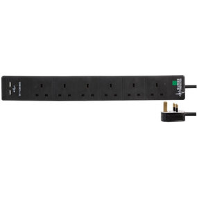 PRO ELEC - 6 Way 2 USB Surge Protected Extension Lead, 1m, Black