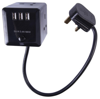 PRO ELEC - Cube Mains Extension Lead with USB Charging, 3 Gang, 500mm, Black