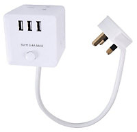 PRO ELEC - Cube Mains Extension Lead with USB Charging, 3 Gang, 500mm, White