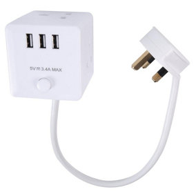 PRO ELEC - Cube Mains Extension Lead with USB Charging, 3 Gang, 500mm, White