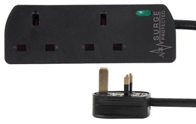 PRO ELEC - Mains Extension Lead with Surge Protection, 2 Gang, 1m, Black