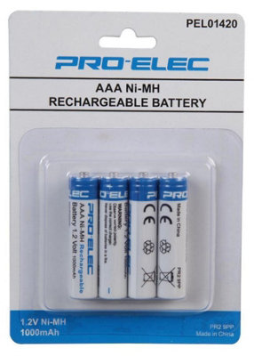 PRO ELEC - NiMH Rechargeable AAA Batteries, 1000mAh 4 Pack