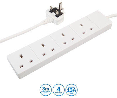 PRO ELEC PEL00511 4 Gang Extension Lead, White, 3m