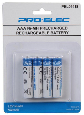 PRO ELEC - Pre-Charged NiMH Rechargeable AAA Batteries, 750mAh 4 Pack