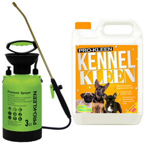 Pro-Kleen 3L Pump Sprayer with Pro-Kleen 5L Kennel Kleen Lemon For Catteries, Hutches, Aviaries, Patios, Artificial Grass