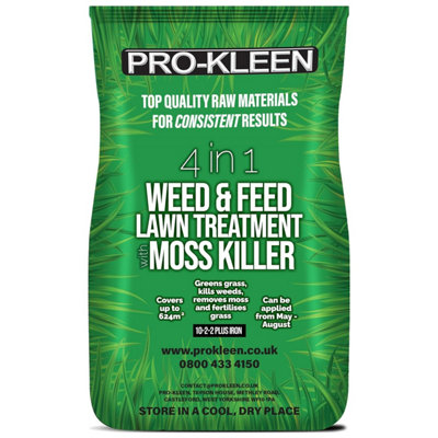 Pro-Kleen 4 in 1 Weed and Feed Lawn Treatment with Moss Killer 20kg - Greens Grass, Kills Weeds & Moss & Fertilises Grass