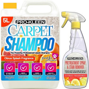 Pro Kleen 5LProfessional Extraction Citrus Concentrate Carpet Shampoo With 750ml Citrus Stain Remover & Pre Treatment Spray