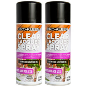 Pro-Kleen Clear Gloss Lacquer Spray 400ml x2 Protects & Seals Fast Drying Formula