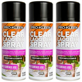 Pro-Kleen Clear Gloss Lacquer Spray 400ml x3 Protects & Seals Fast Drying Formula