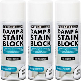 Pro-Kleen Damp & Stain Block Spray Primer - Covers Damp, Mould, Grease & Rust Stains 500ml x3