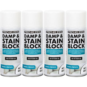 Pro-Kleen Damp & Stain Block Spray Primer - Covers Damp, Mould, Grease & Rust Stains 500ml x4