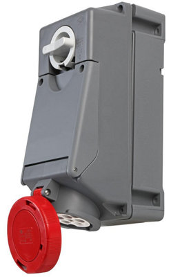PRO POWER - 16A, 415V, Heavy Duty Switched Interlocked CEE Socket, 3P+N+E, Red