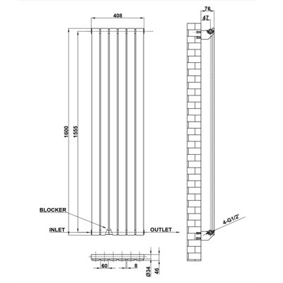 Probaty Bathrooms 1600x408mm Black Vertical Designer Radiator Single ...