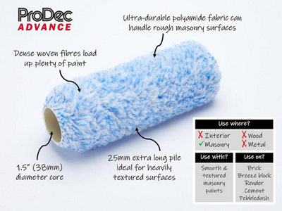 ProDec Advance 9 inch x 1.5" Extra Long Pile Ultra Tough Heavy Duty Woven Polyamide Trade Professional Masonry Paint Roller