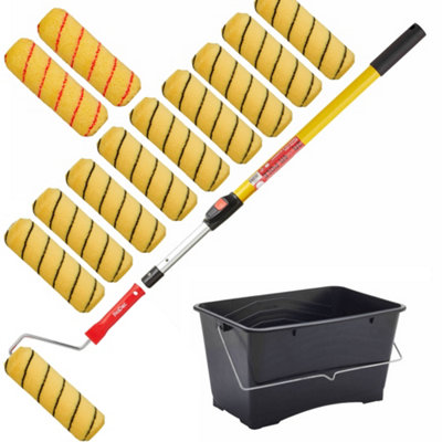 ProDec Kestrel 15 pc & Paint Frame Medium Pile Emulsion & Masonry Paint Tiger Roller Sets 9 inch With Extension Pole Scuttle