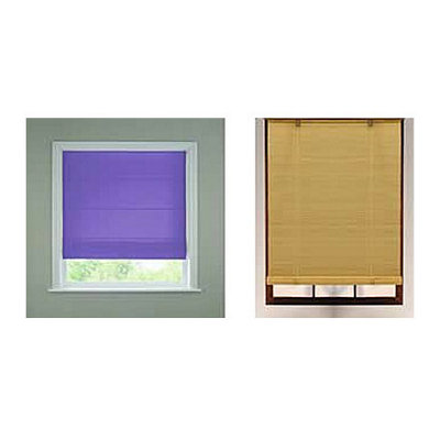 Two blinds, one purple and one beige, installed on windows.