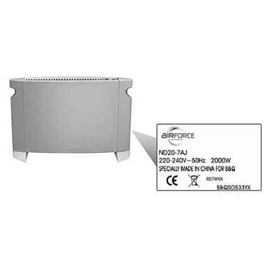 A silver B&Q Airforce 2000W convection heater. The label shows the ND20-7AJ code and 2000W information that customers should look for.