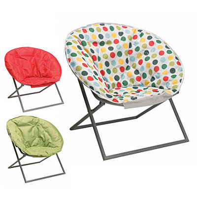 Three Blooma moon chairs: one green, one red, and one with a polka dot pattern.