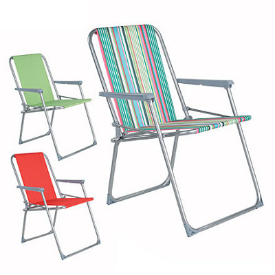 Three Blooma picnic chairs: one red, one green, and one in the fun stripe colour with different coloured vertical lines across the chair.