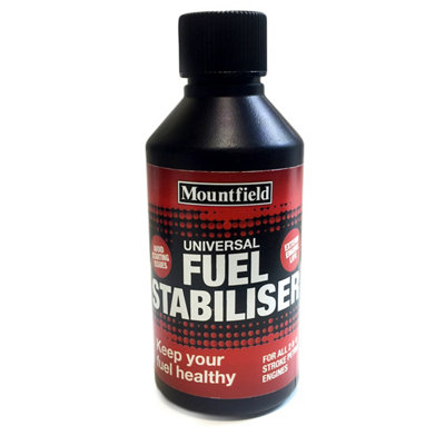 A bottle of Mountfield universal fuel stabiliser.