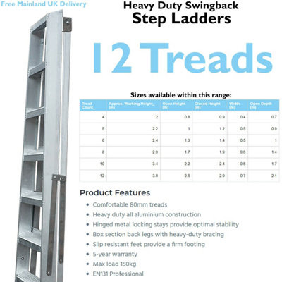 Professional 2.6m Aluminium Swingback Step Ladder with 12 Treads for ...
