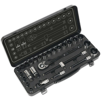 Professional 28pc BLACK SERIES Deep Socket & Ratchet Handle Set with Storage Case