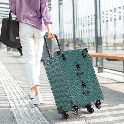 Professional 3 in 1 Dark Green Cosmetic Trolley Case Makeup Case Box on Wheels