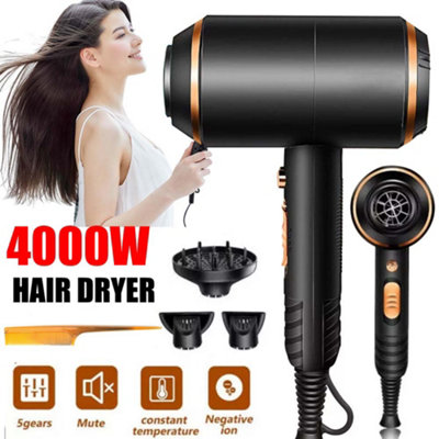 Professional 4000W Ionic Hair Dryer with Diffuser & Nozzle - Fast